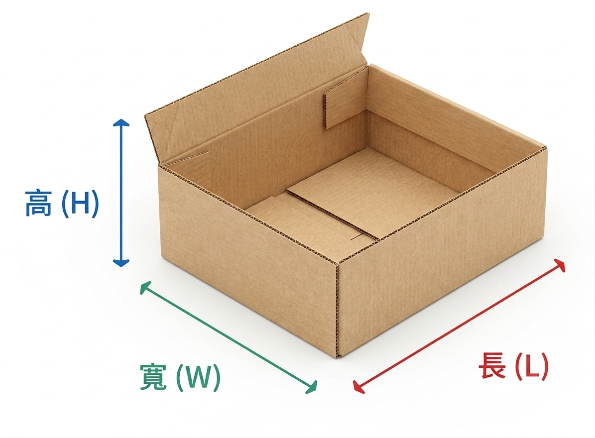尺寸說明圖片，標示包裝盒的長、寬、高